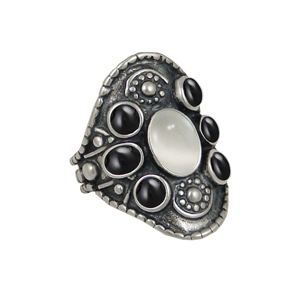 Sterling Silver High Queen's Ring With White Moonstone And Black Onyx Size 7